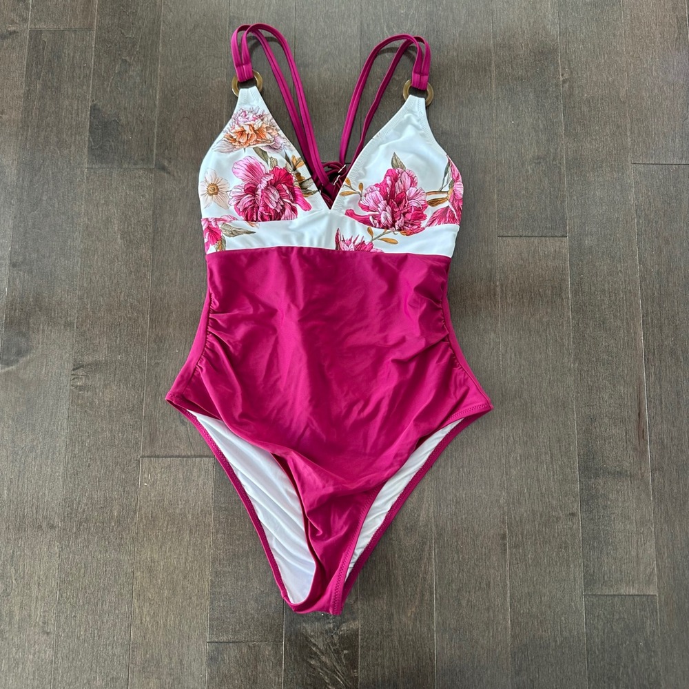 Cupshe Womens Romantic Floral O-Ring Tummy Control Strappy One Piece Magenta M